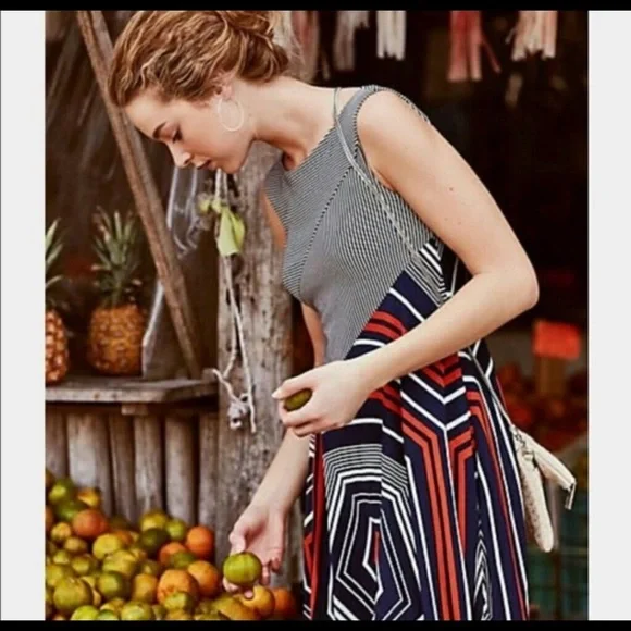 Maeve Anthropologie X-Small Blue Striped Cameron Asymmetrical Hem Dress - Picture 3 of 5